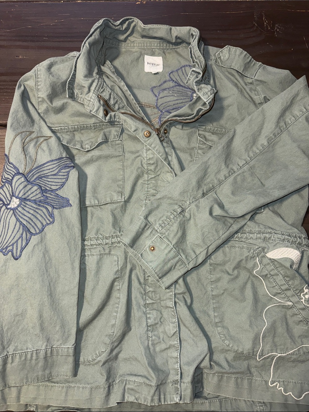Kensie Sage Green Utility Jacket with Floral Embroidery